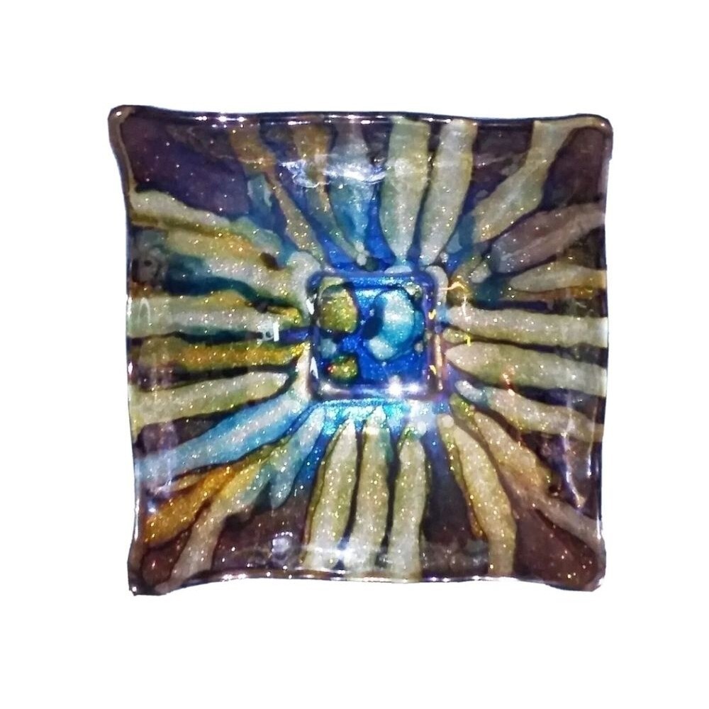IL QUADRIFOGLIO Italian Art Glass Square Bowl Glitter Bottom 70's Tie Dye Swirl